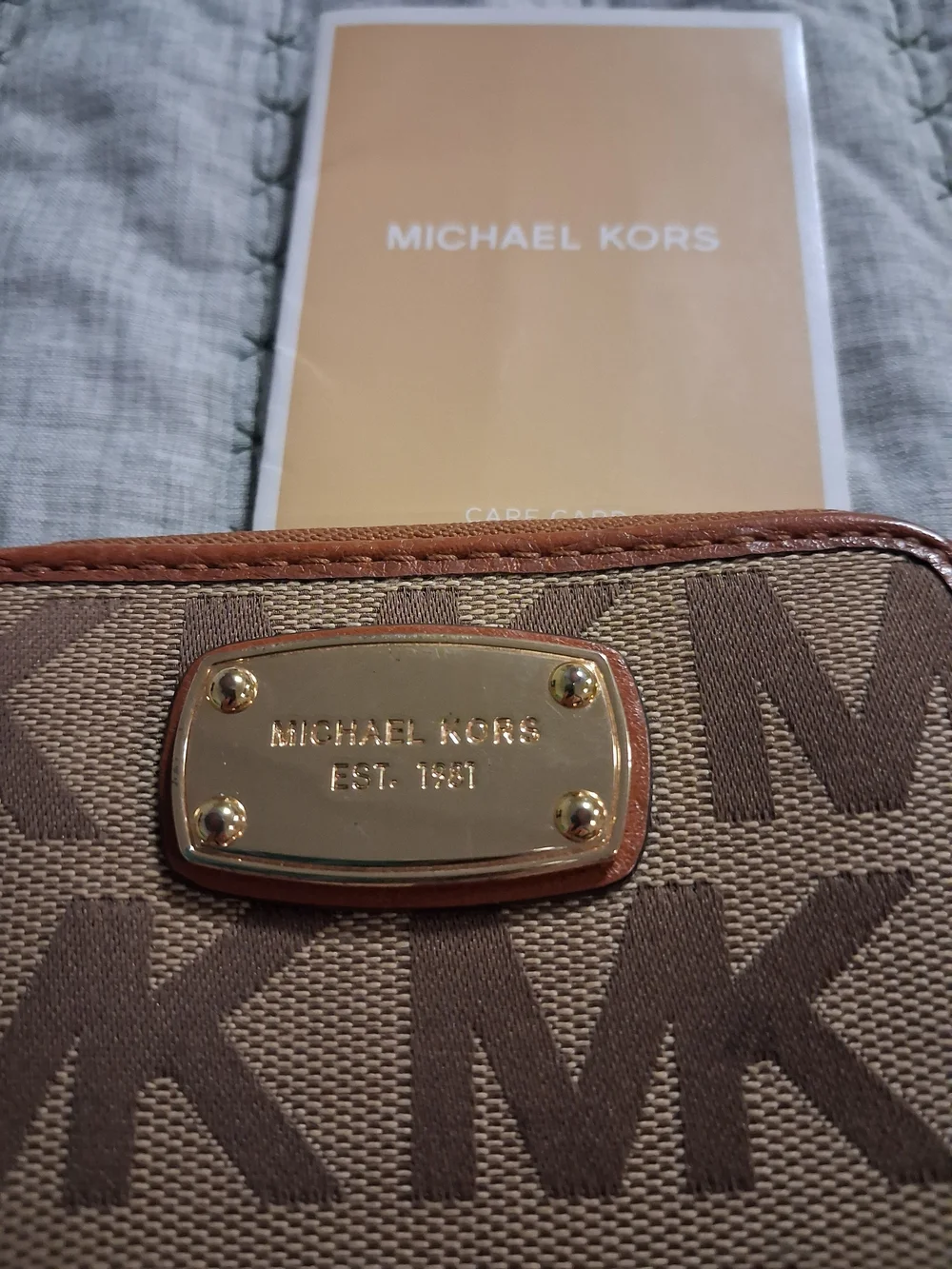 Michael Kors Tan and Brown MK Logo Zip-Around Wallet